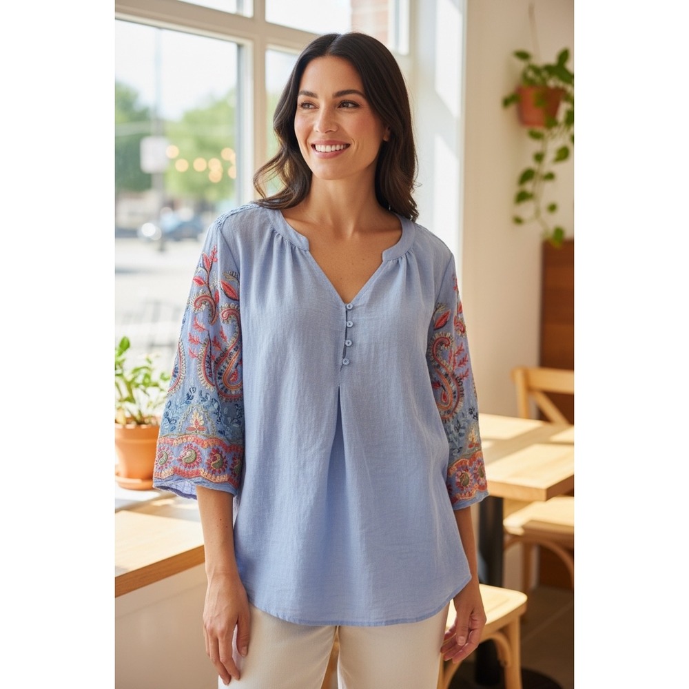 Zac & Rachel Blue Paisley Embroidered Lace Shoulder Blouse Top Boho Large L